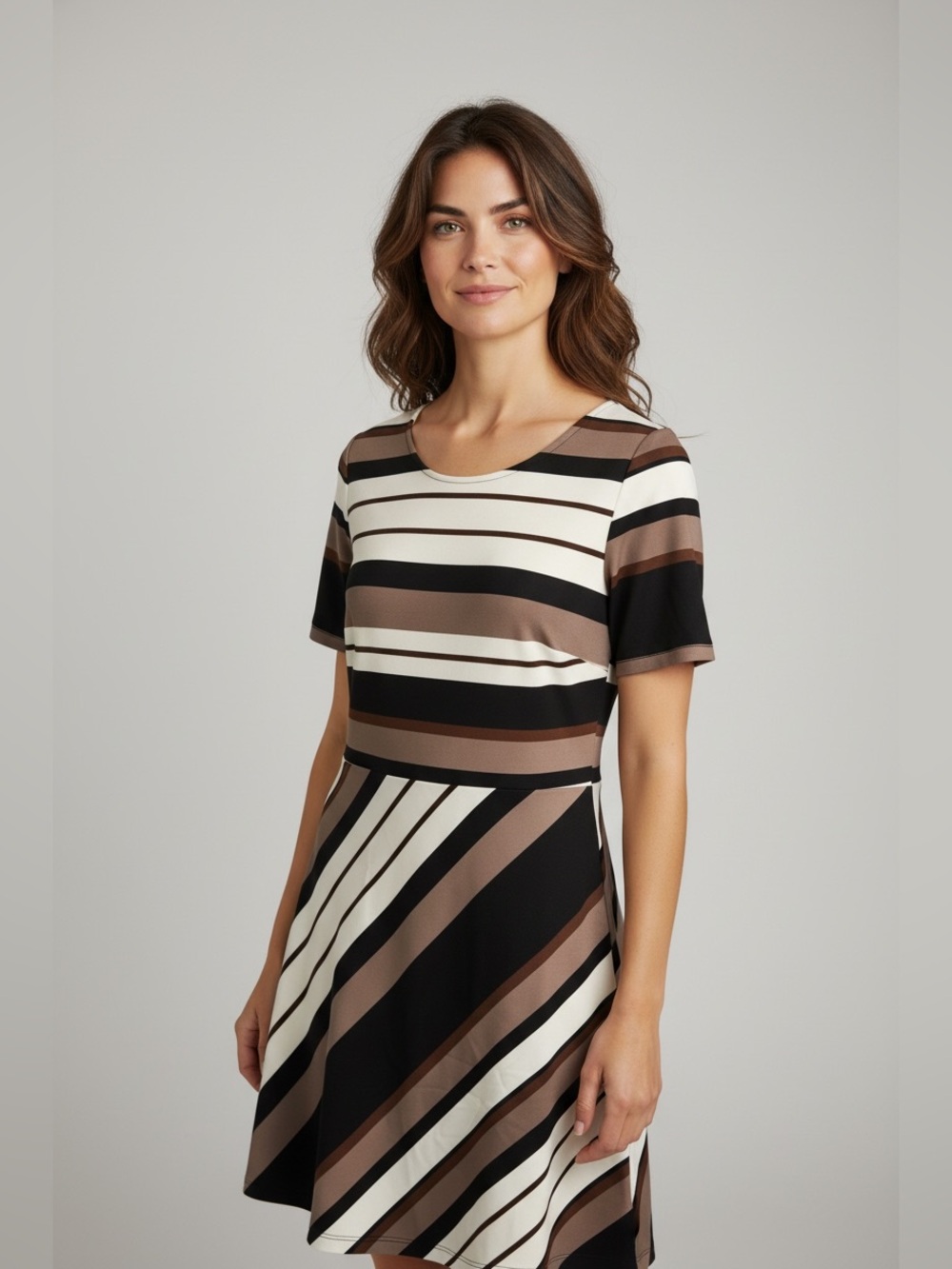 Boston Proper Striped A-Line Dress in Black, Brown & Cream